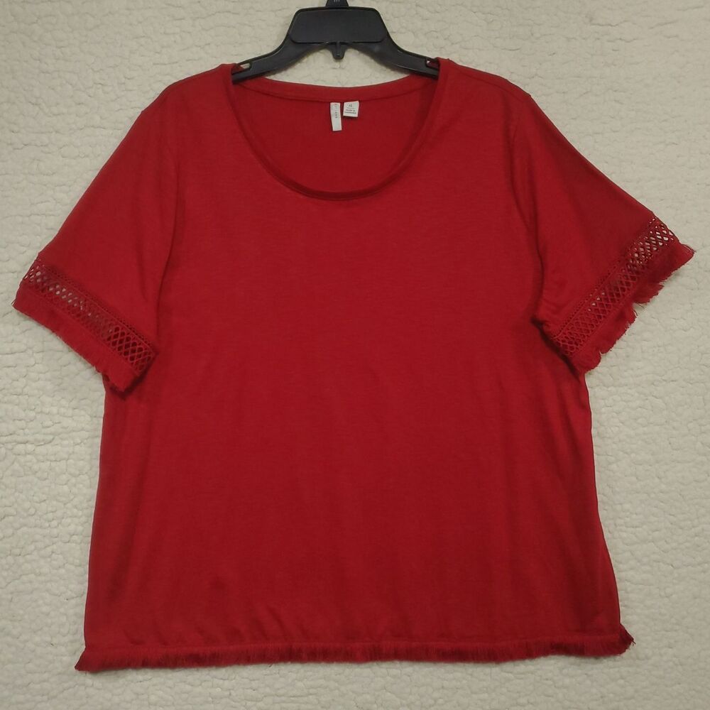 Est. 1946 Women's XL Red Short Sleeve Knit Sweater Pullover Lace Fringe